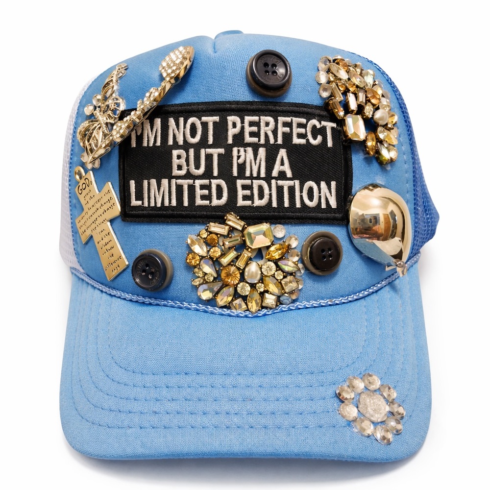 Embellished Blue Cap with Gold Accents